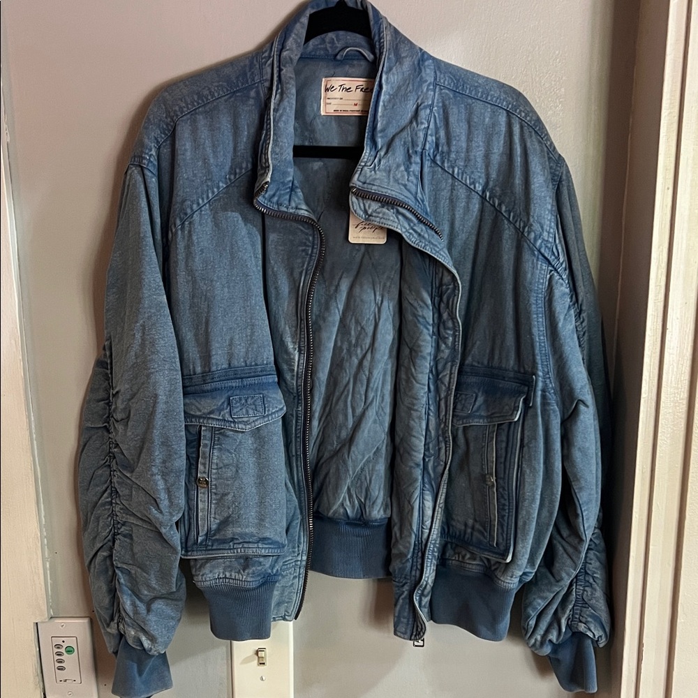 Free People Light Blue Denim Bomber Jacket Size M
